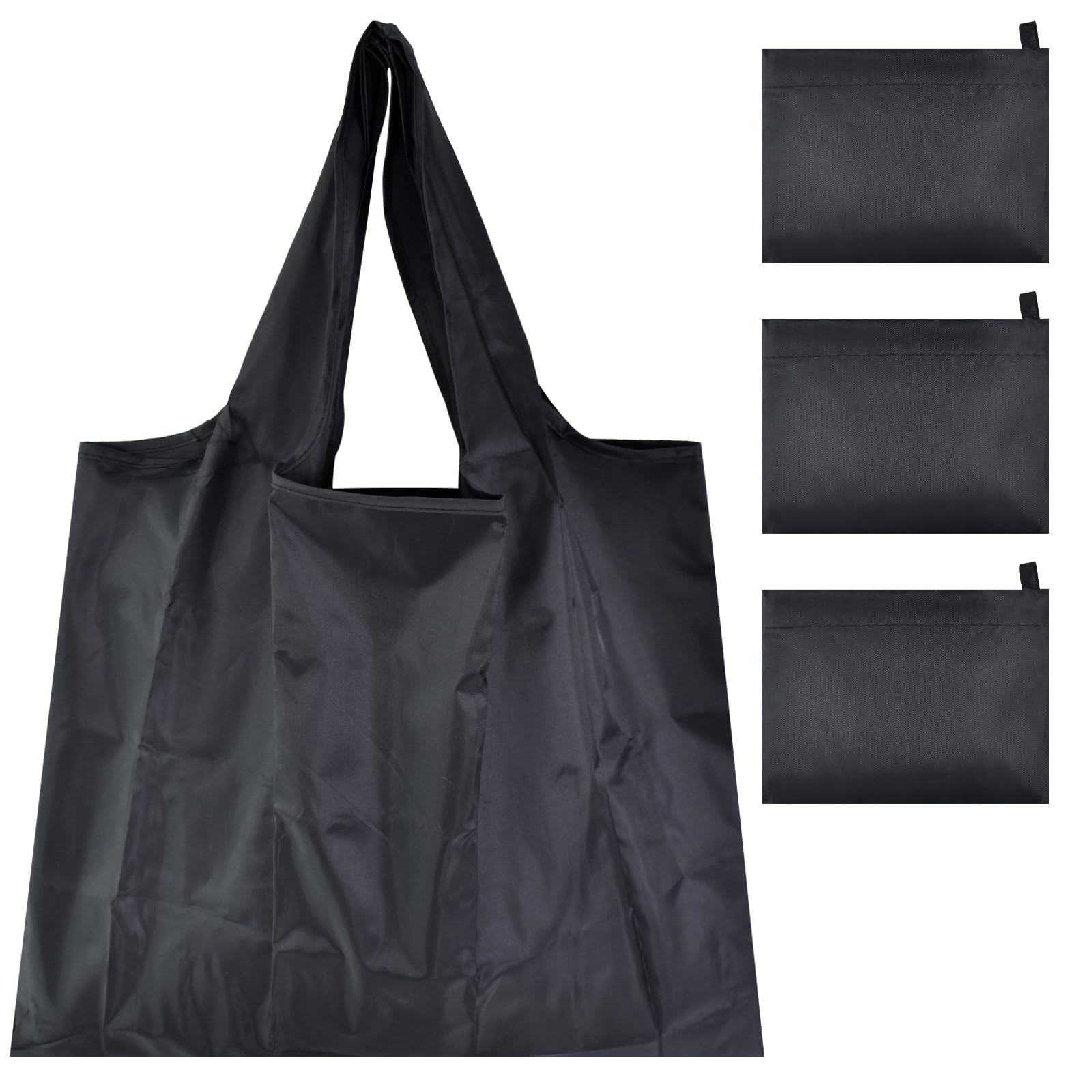 DEARBAG Shopping Bags Foldable Large, Reusable Grocery Bags 50 x 48 cm, 3 PCS Shopping Bag Folds into Pouch, Washable Tote Bags Black, Bags for Shopping Travel Beach Picnics Hiking Camping BBQ