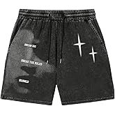 VIPWOLF Men's Graphic Shorts Drawstring Waist Figue Print Vintage Denim Shorts Streetwear Jorts