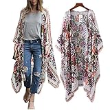 Women Cardigan,Haoricu Womens Open Front Floral Print Chiffon Loose Shawl Kimono Cover up Shirt (Asian Size:M, White)