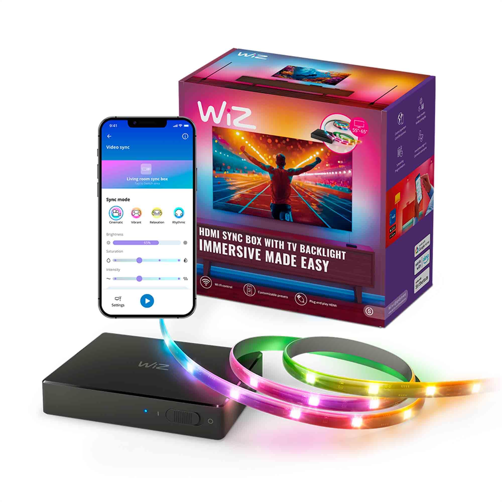 Photo 1 of WiZ HDMI Sync Box with TV Backlight – Syncs Light to Your Movies, Games and Music - HDMI 2.0 – Supports 4K at 60Hz - RGBIC LED Strip for 75-85 Inch TVs - App/Voice Control, Works with Google and Alexa