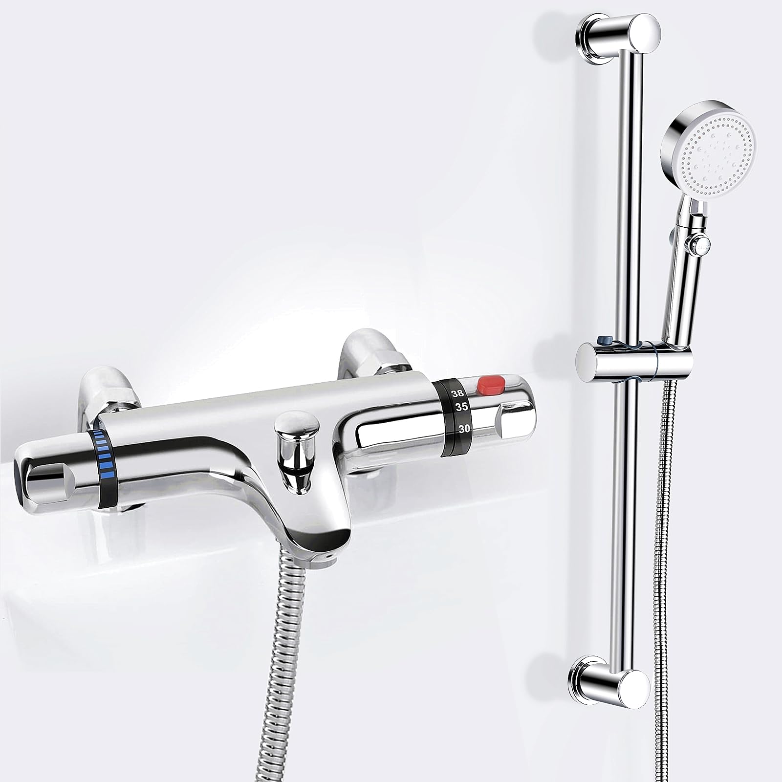 Thermostatic Bath Shower Mixer Tap with Shower Riser Kit, Deck Mounted Bath Shower Mixer Bar Set, Bath Taps with Bathtub Filler Spout, 38°C Anti Scald, Modern Chrome, 180mm