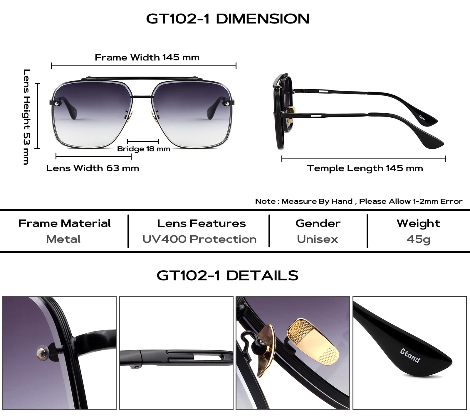 Gtand Fashion Oversized Square Aviator Gradient Sunglasses For Men Women Vintage Metal Sun Glasses 63mm