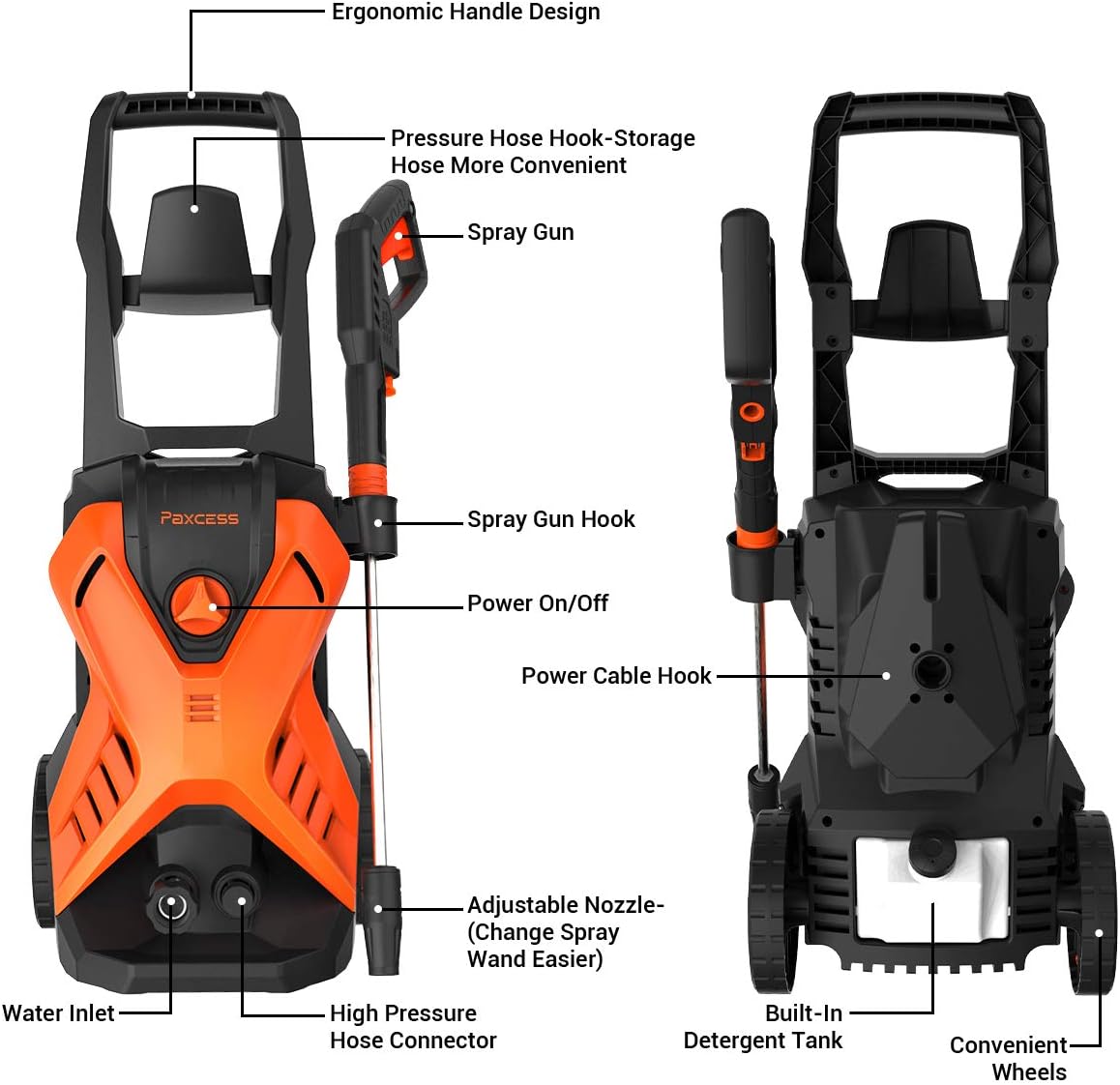 PAXCESS Electric Power Washer 2800 PSI 1.76 GPM X-P3.1 Pressure Washer with 26ft Hose, Adjustable Nozzle, Build-in Detergent Tank, Metal Connector for Cleaning Car/Driveway/Patio Furniture : Garden & Outdoor
