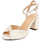 Goolita Pearl Heels For Women Mid Block Ankle Strap Heeled Sandals Round Open Toe Party Evening Bridal Shoes For Wedding