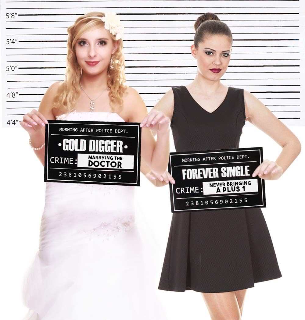 Mugshot Signs - 25 Photo-Booth Props with Height Chart Backdrop Poster for Birthday, Wedding, Bachelorette Party, Sign: 11.5 x 7.5 Inches, Background: 5.17 x 3.83 Feet: Kitchen & Dining