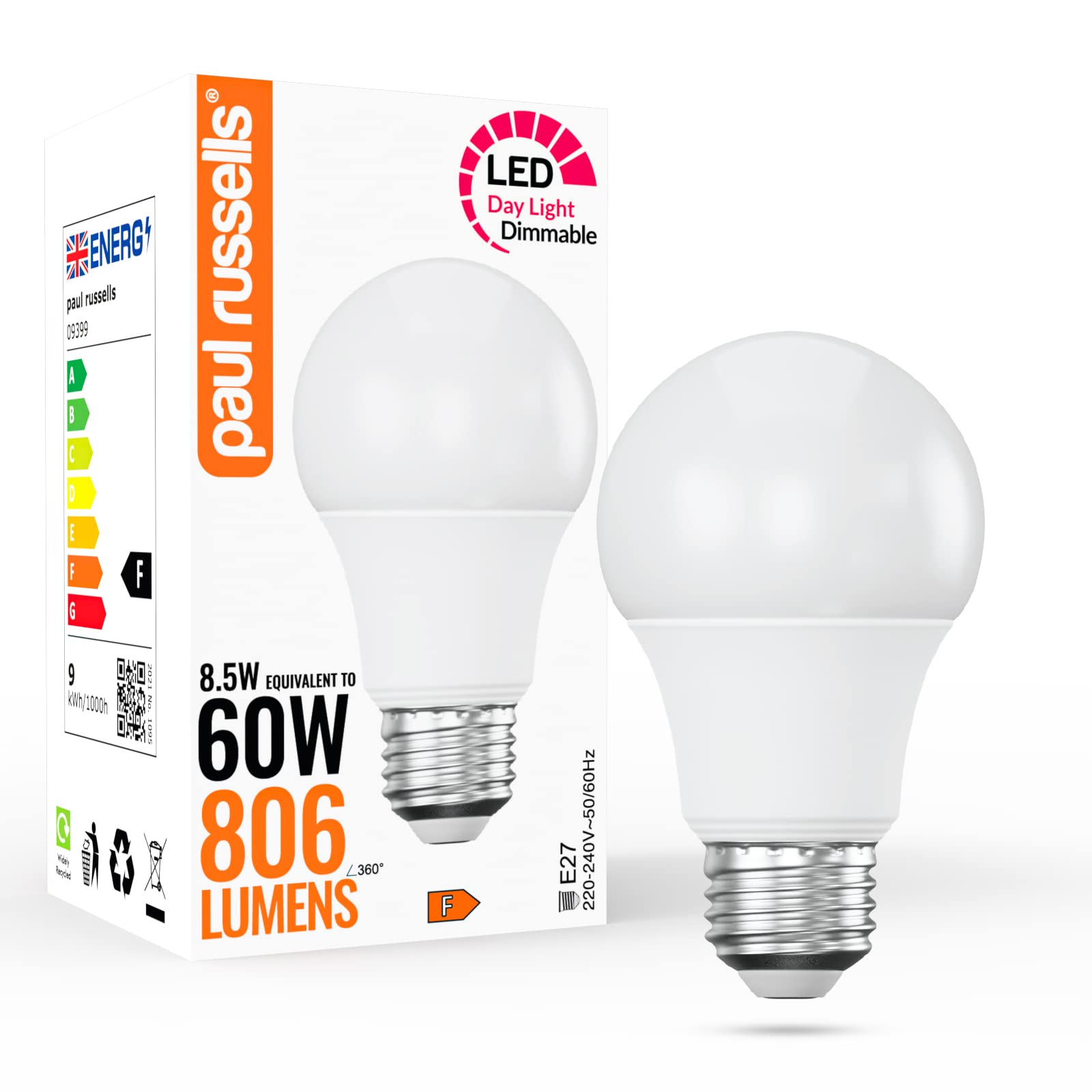 paul russells LED GLS - Dimmable Edison Screw Light, 8.5W 806 Lumens E27 A60 LED Bulbs, 60w Equivalent, 6500K Daylight, Dimmer Standard ES Energy Saving Ceiling Lightbulbs, Pack of 1