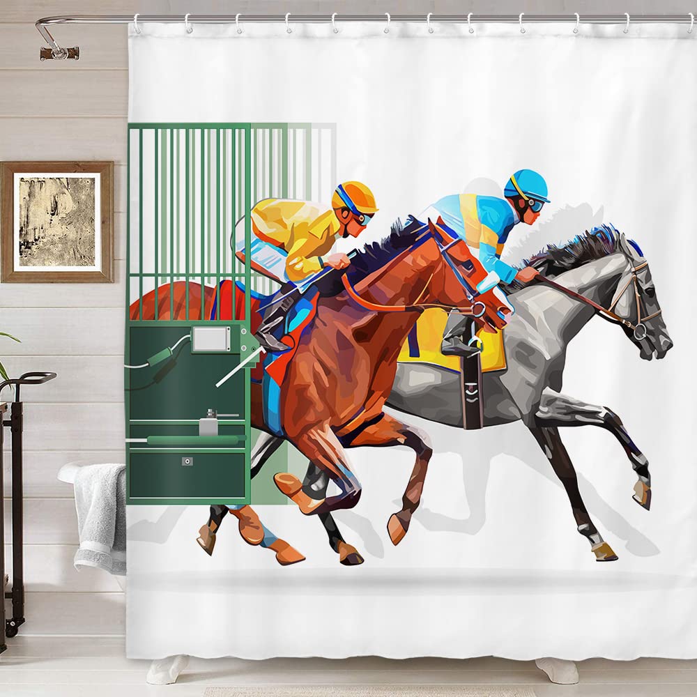 KOTOM Horse Shower Curtain, Farm Competitive Scene with Three Racing Horses, Waterproof Fabric Bathroom Decor, Bath Curtains Accessories, with Hooks, 69X70 Inches