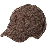 Comhats Oversized Wool Blend Visor Beanie Warm Classic Cable Knit Hat with Sun-Blocking Brim for Large Heads