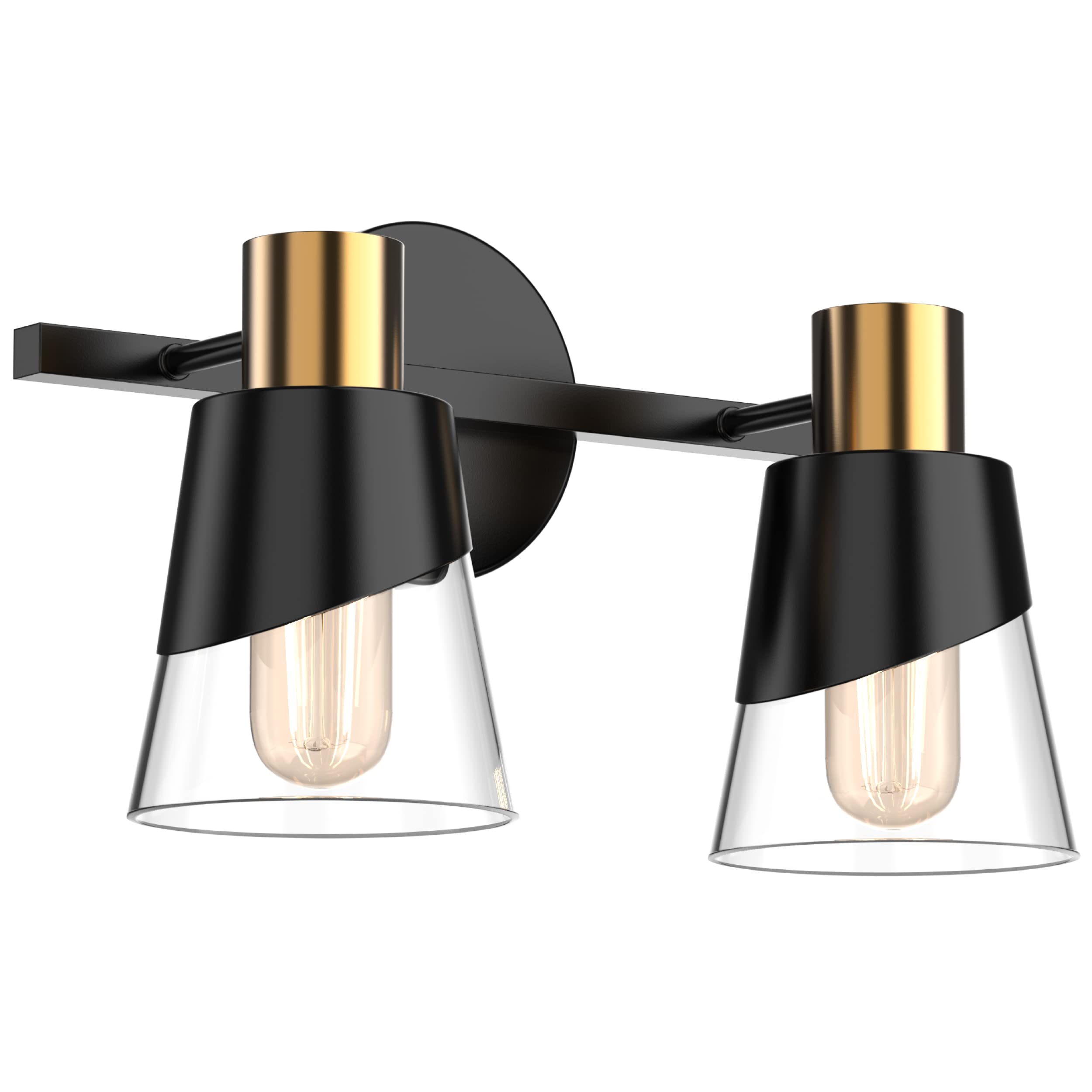 Photo 1 of URSOLA Bathroom Lighting Fixtures Over Mirror, 2 Lights Bathroom Vanity Light, 13 inchBathroom Light Fixtures, Black and Gold Design with Bevelled Edge and Clear Glass Shade Wall Lamp