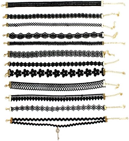 Syleia Set of 12 Black Lace Embroidery Style Ribbon Choker Necklaces With Unique Flower And Geometric Designs, Adjustable, Comfort Fit