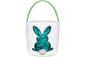 Poptrend Easter Basket Bags,Easter Eggs/Gift Baskets for Kids,Bunny Tote Bag Bucket for Easter Eggs,Toys, Candy,Gifts (Green paillette)