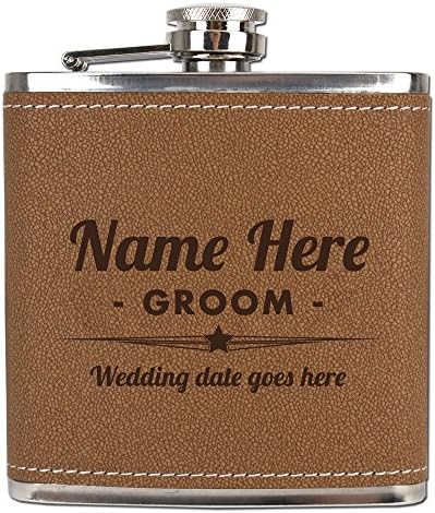 Personalized Laser-Engraved Stainless Steel Leather-Wrapped Flask for Groom's Wedding Gift - 6oz. Monogram Liquor Flask