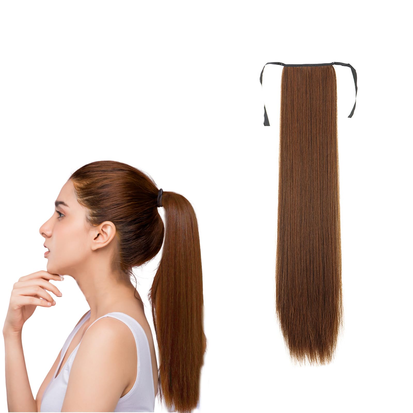 Traziewell Hair Extensions Clip in Ponytail Long Hairpieces for Women Natural Long Straight 28 Inch Wrap Around Synthetic Hair Extensions Ponytail Hairpiece for Women 2206-60