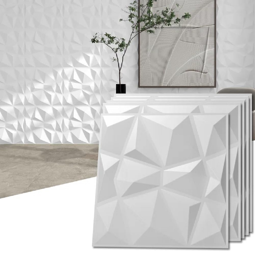 Qustikuri 15Packs 3D Wall Panels White Diamond Textured PVC Wall Tiles Wallpaper for Gaming Room, Living Room, Bedroom, Bathroom, Kitchen, Photography 11.8 * 11.8inch