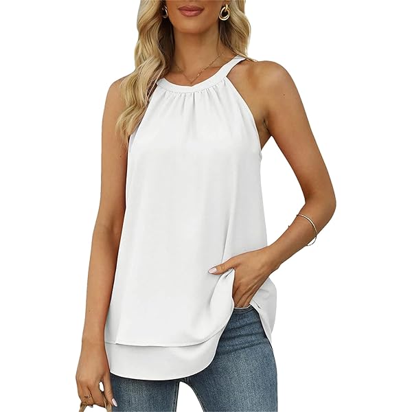 Womens Halter Tank Tops Summer Tee High Neck Double Layer