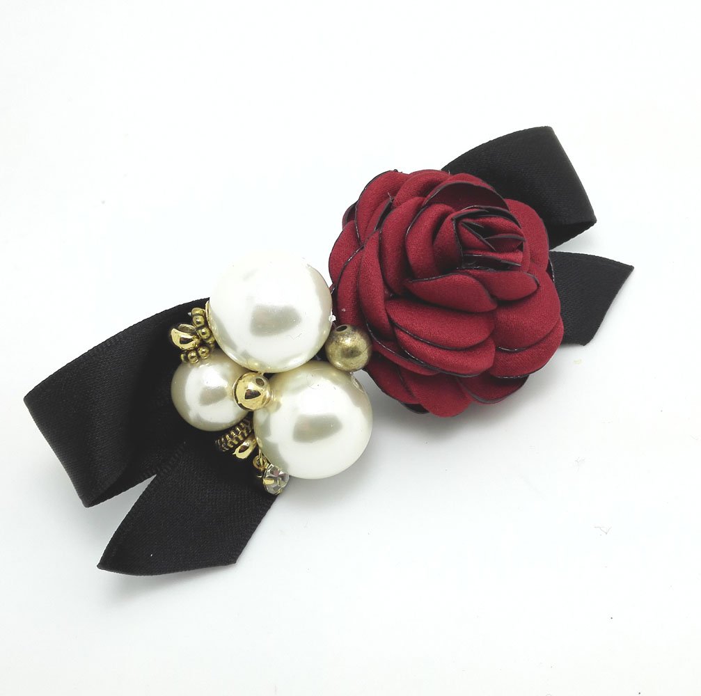 Meilliwish Pearl Flower Black Ribbon Hair Clip (C16)(wine red)