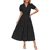 ZESICA Womens 2026 Summer Puff Short Sleeve Midi Dress Floral V Neck Textured Ruffle Flowy Beach Party Dresses