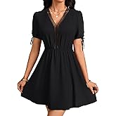 LYANER Women's V Neck Puff Sleeve A Line Mini Dress Ruffle Elegant Dresses