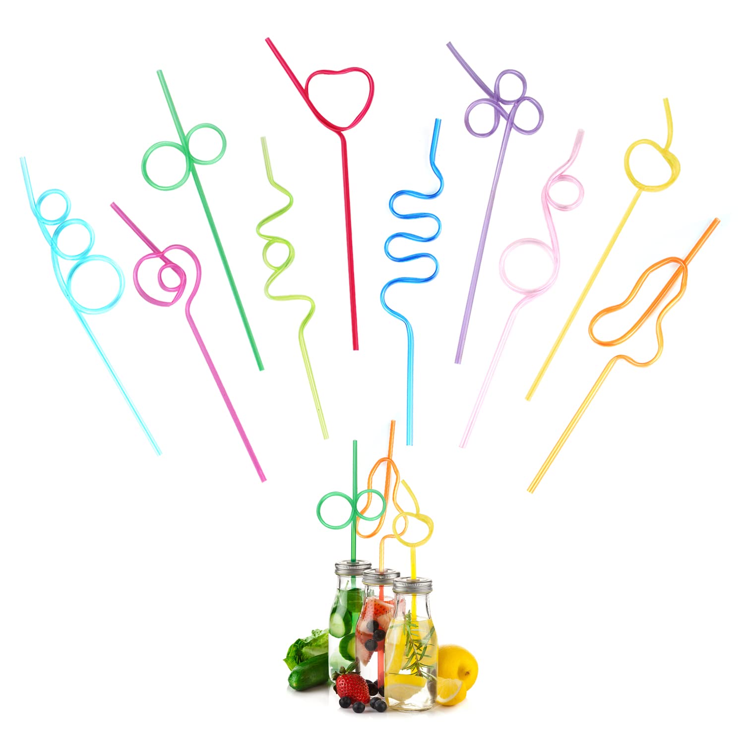 NINVVS 10 Pieces of Colored Plastic Straws, Party Curly Straws, Reusable Straws, Creative Modeling Straws, Beverage Decorations, Suitable for Milk, Juice, Cocktails (Random Colors)
