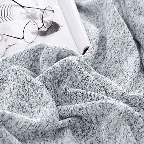 KAWAHOME Knit Summer Thin Blanket Breathable Lightweight Fuzzy Heather Jersey Blankets All Season for Couch Sofa Bed Queen Size 90 X 90 Inches Blue and White