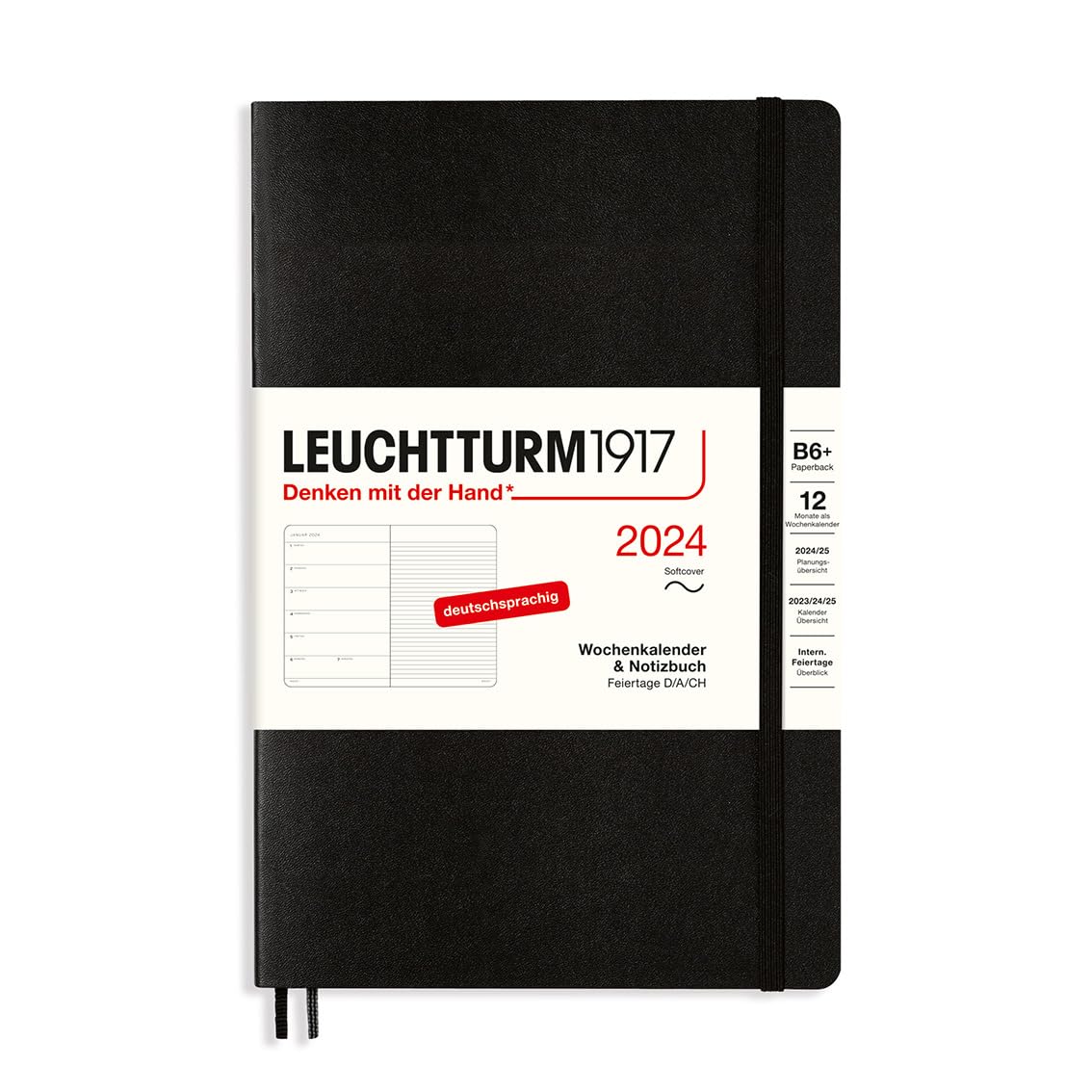 LEUCHTTURM1917 367819 Weekly Calendar & Notebook Paperback (B6+) 2024, Soft Cover, Black, German, 12 Months