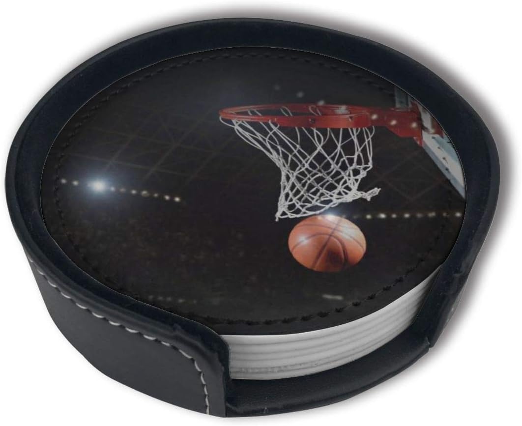 HBLSHISHUAIGE Basketball Shooting Coasters with Holder Set,Round Mugs and Cups Mat Pad for Drinks,Suitable for Home and Kitchen(6PCS)
