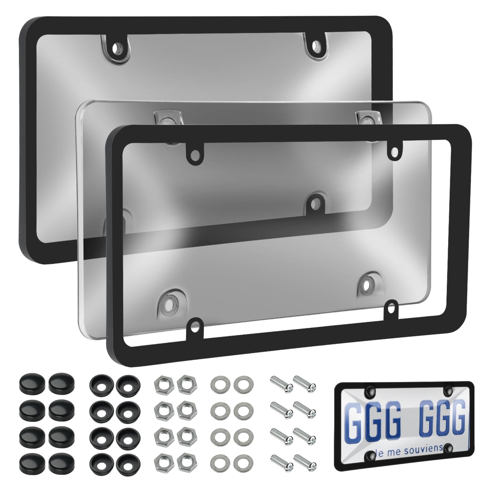 Photo 1 of 2 Pack License Plate Frames with Clear Protective Shields, Universal Car Front & Rear Plate Protector Set with Screws & Caps, Anti-Rust Plastic License Plate Holders for Most Vehicles
