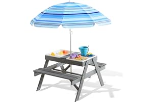 Beright Kids Picnic Table, 3 in 1 Sand and Water Activity Wooden Outdoor Convertible Table with Height Adjustable Umbrella & Removable Tabletop, with 3 Collapsible Bins