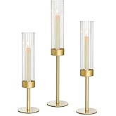 Turvono Gold Hurricane Candle Holders Set of 3, Brass Taper Candle Holders for Candlesticks, Elegant Tall Candle Sticks Holder Decor for Table Centerpiece, Wedding & Christmas Decorations