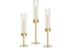 Turvono Gold Hurricane Candle Holders Set of 3, Brass Taper Candle Holders for Candlesticks, Elegant Tall Candle Sticks Holde