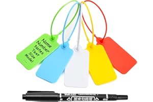 LEADSEALS 50 Blank Plastic Tags for Labeling Waterproof Hanging Labels Writable Tags Seal Plastic Marking Label for Clothes Bags Keys Inventory with One Marker Pen (Mixed 5 Color)