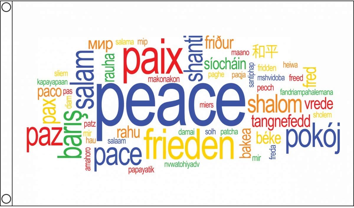 AZ FLAG, Peace Words Flag, 3x5 Ft, 100D Polyester Paix Pace Paz Frieden Banner with Two Metal Grommets, Fade Resistant