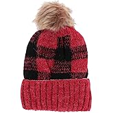 CTM Women's Buffalo Plaid Knit Winter Beanie Hat with Synthetic Pom