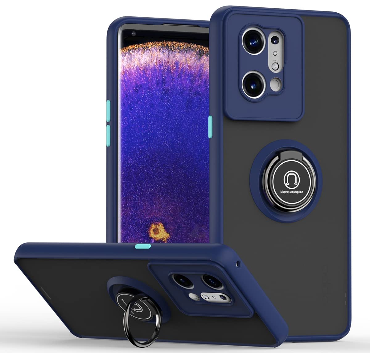 JIAFEI Case for Oppo Find X5 Pro Phone Case Shockproof Silicone Protection Cover Translucent Frosted PC/TPU with 360 Rotatable Magnetic Ring Kickstand - Sapphire