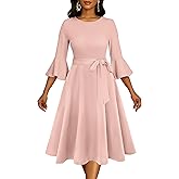 NMODER Women's Cocktail Dresses - Vintage Bell Sleeve Wedding Geust Tea Party Midi Dress with Belt