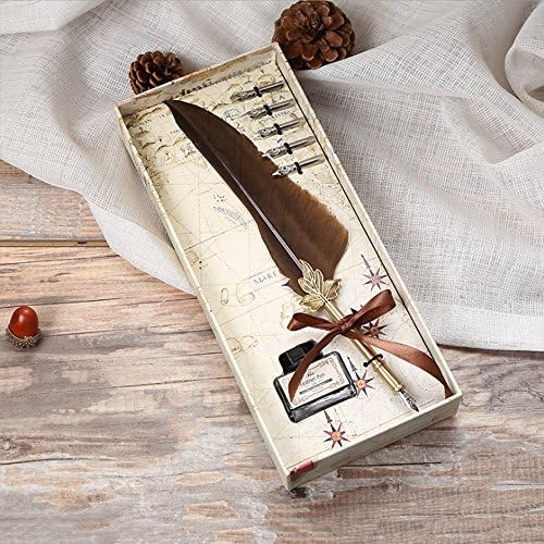 Antique Dip Feather Calligraphy Pen Set, FINETY Feather French Quill Kit with Ink and 5pcs Metal Nibbed Calligraphy Pen Set Writing Quill Ink Dip Pen, Ink Included