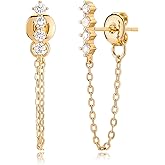 LOYATA Chain Studs Earrings Gold 14K Gold Plated Dainty Cubic Zirconia Dangle Earrings With Chain Small Hypoallergenic Jewelry Gift for Women