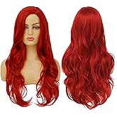 Swiking Red Wavy Wigs for Women Cury Wave Bright Red Side Part Synthetic Wigs for Halloween Cosplay Costume Use