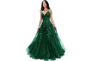 CHICBRIDAL Tulle Prom Dresses for Women 2024 Sparkly Lace Appliques Long Ball Gowns with Spaghetti Straps A-Line Evening Dresses