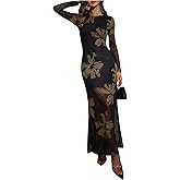 GORGLITTER Women's Slimming Bodycon Maxi Dresses Mesh Floral Long Sleeve Winter Wedding Guest Birthday Cocktail Dress