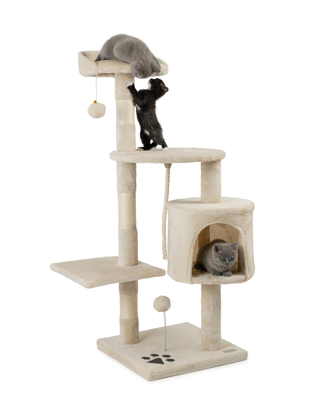 lionto Scratching tree for cats with 2 plush balls & play rope, height 112 cm, cat tree with sisal rope & plush, cozy lying area & cave, incl. wall mount, for small & large cats, beige