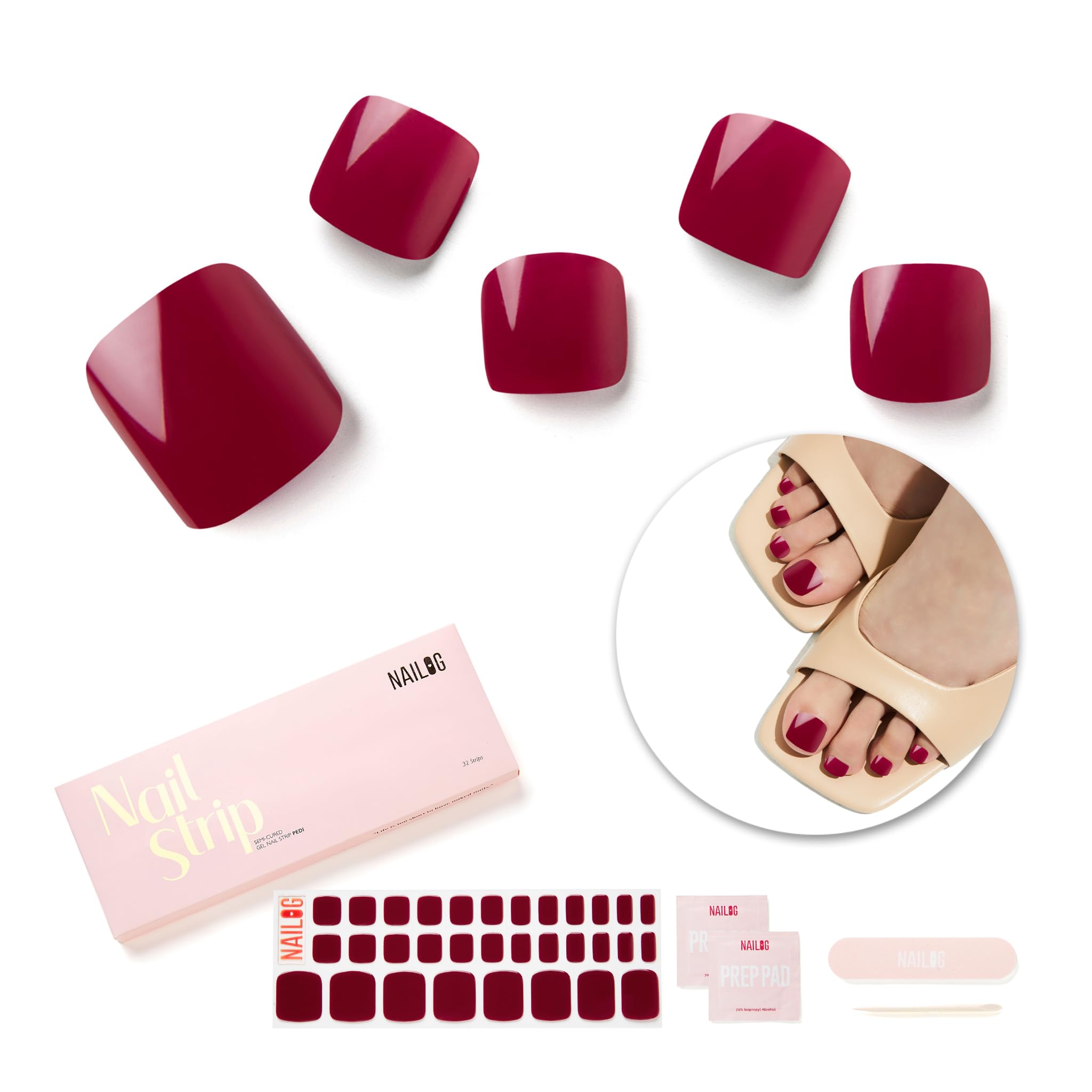 NAILOG Semi Cured Gel Nail Strips, Toe Nail Polish Strips with Glossy Gel Finishing | 32 Pieces Long Lasting Pedi Nail Wrap | Burgundy Red | Rouge Noir