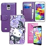 EpicGadget(TM) Samsung Galaxy S5 Handmade Luxury Wallet Case Bling Bling Baby Purple Flower Miss Kitty Fairy Tale Princess Case PU Leather Case Magnet Flip Cover With Credit Card Holder + S5 i9600 Screen Protector (US Seller!!) (Miss Kitty Fairy Tale Purple Case)