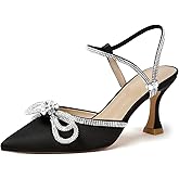 Susanny Women's Closed Toe Rhinstone Wedding Low Heel Slingback Clear Kitten Heels,Adjustable Strap Pointed Toe Bow Pumps High Heeled Prom Dress Shoes