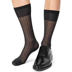 Macuezu 2 Pairs Men's Silk Sheer Socks, Ultra Thin Men's Dress Socks | Mens Nylon Dress Socks, Soft Striped Black Formal Busi