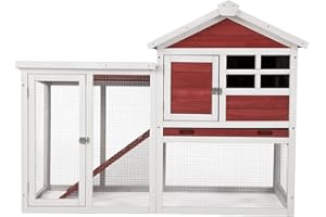 BIRASIL Wood Rabbit Hutch, Guinea Pig Cage with Pull Out Tray, 2 Levels Bunny House for Small Animals Outdoor Indoor (Red, 48 Inch)