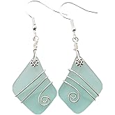 Yinahawaii Handmade Hawaiian Sea Glass Earrings, Wire Wrapped Earrings, Diamond Shape Beach Glass Birthday Jewelry Gift For Women with Customization Order
