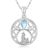 Wolf Necklace for Women S925 Sterling Silver Moonstone Celtic Wolf Necklace Tree of Life Pendant Animal Jewelry Gift for Mom Daughter Wife Halloween