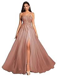 Tulle Dusty Rose Prom Dresses with Slit Spaghetti