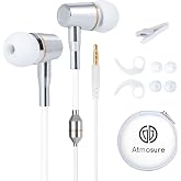 ATMOSURE Air Tube Headphones with Microphone, 3.5 mm Jack, White | Wired Earbuds for Calls, Volume Control, Ear Hooks, Clip and Carry Case